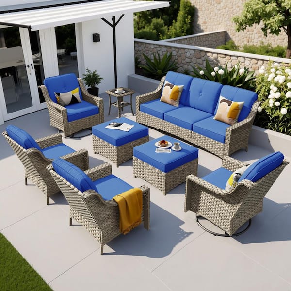 XIZZI TranquilNest 8 Pieces Wicker Patio Conversation Seating Sofa Set with Diamond Blue Cushions and Swivel Rocking Chairs