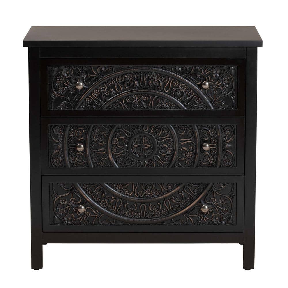 Yelena Traditional Black Wood 3-Drawer Storage Cabinet