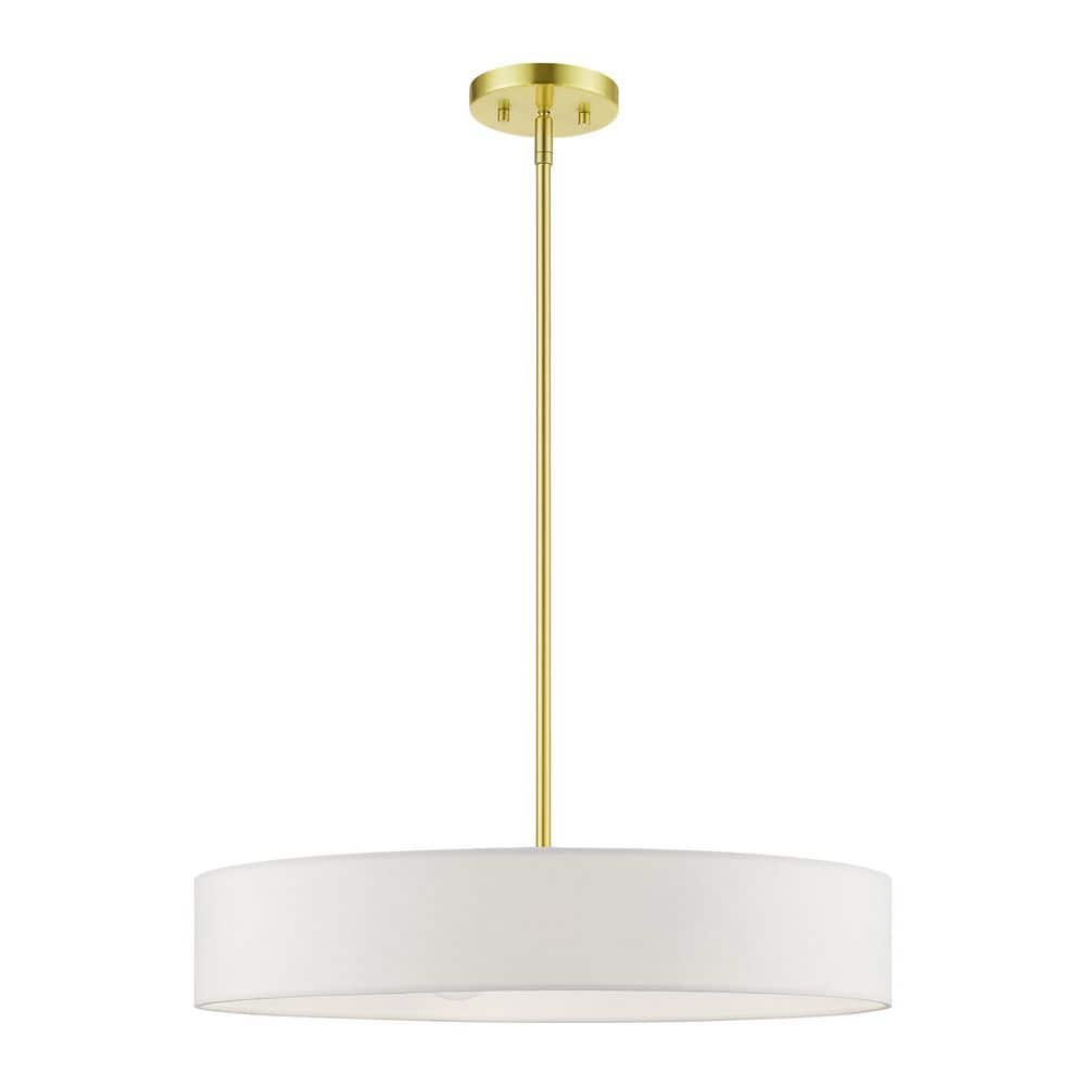 Satin Brass 22" Drum Pendant with Off-White Fabric Shade