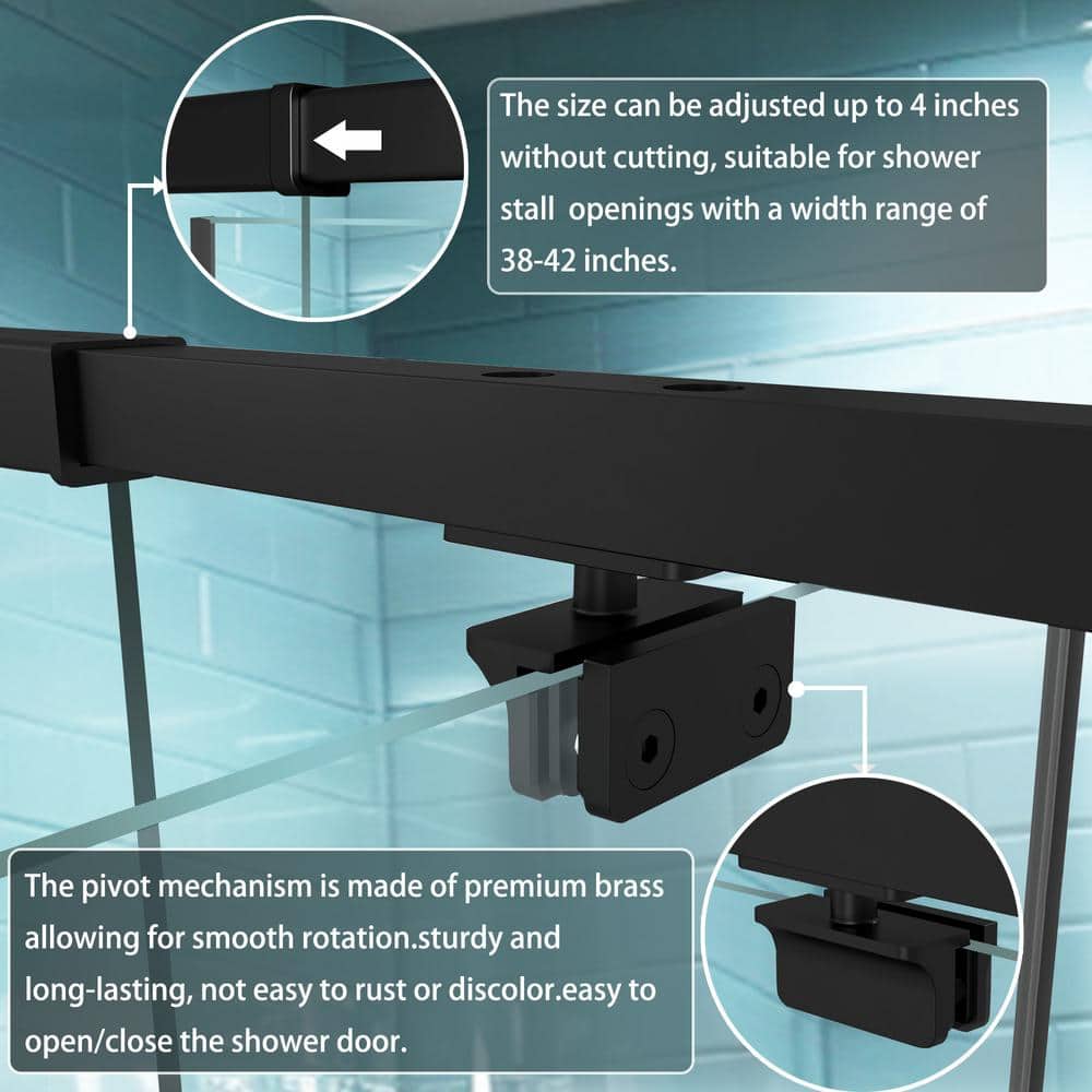 42 in. Matte Black Semi-Frameless Pivot Shower Door with Clear Glass