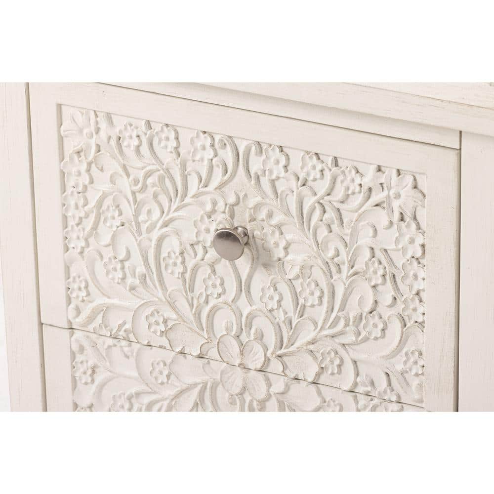 White-Washed Farmhouse 2-Drawer Nightstand with Floral Motif
