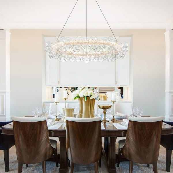 35.43 in. 1-Light Gold Modern Round Globe Crystal Integrated LED Chandelier Dimmable Pendant Light with Glass Bubbles