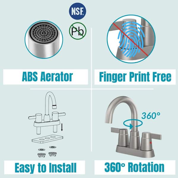 4 in. Centerset 2-Handle Bathroom Faucet with 360° Swivel Spout in Brushed Nickel