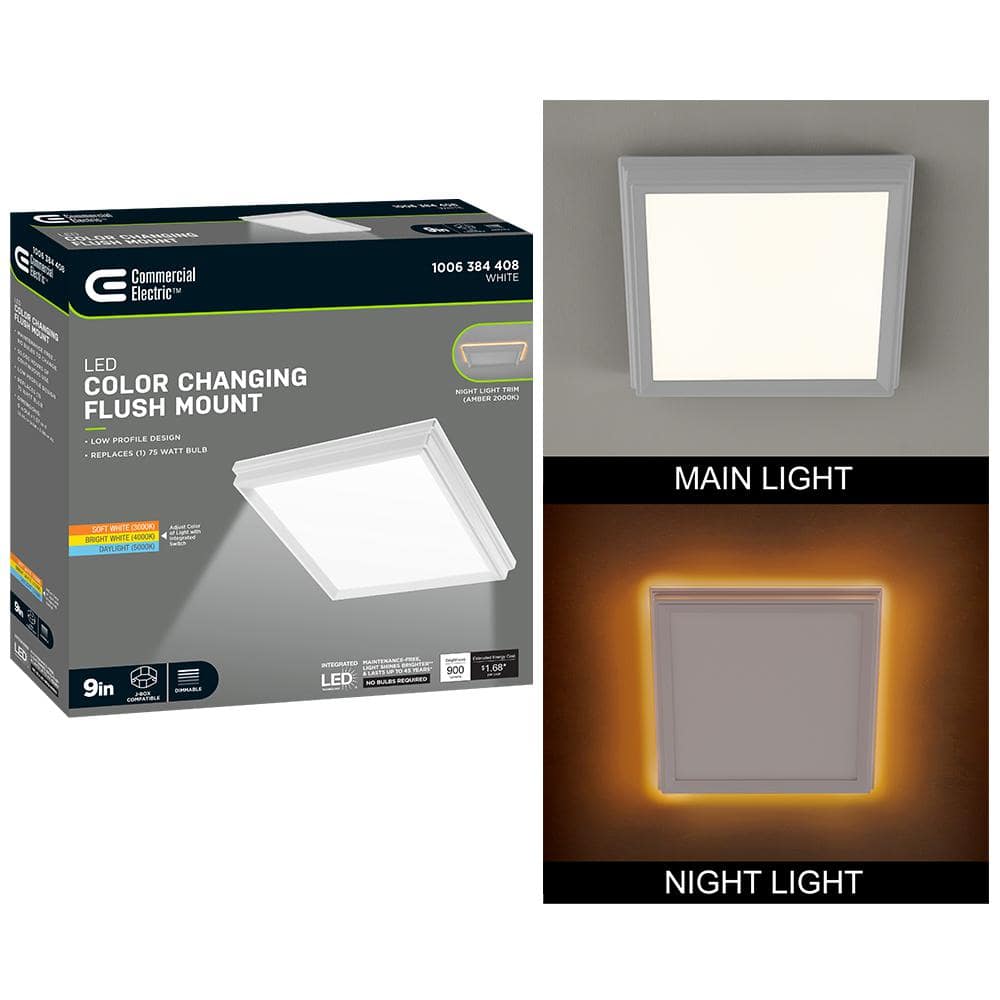 Commercial Electric Low Profile in. White Square LED Flush Mount with  Night Light Feature J-Box Compatible Dimmable 900 Lumens 564151110 The  Home Depot