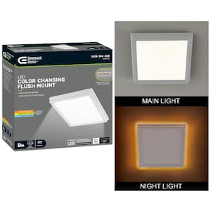 Low Profile 9 in. White Square LED Flush Mount with Night Light Feature J-Box Compatible Dimmable 900 Lumens