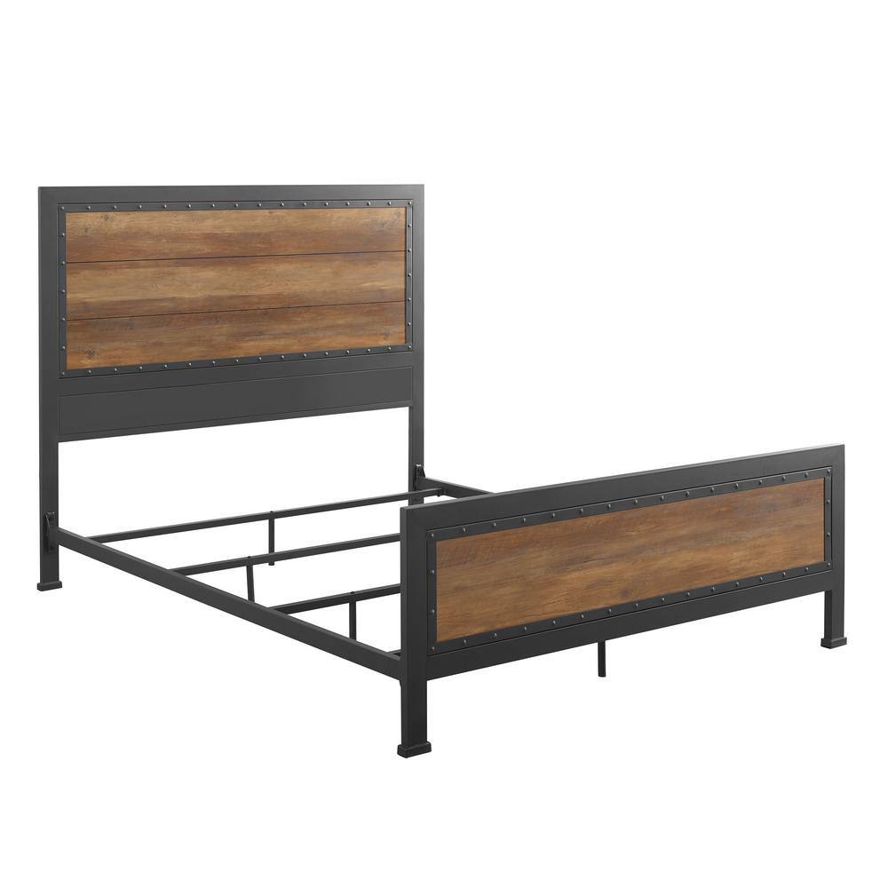 Rustic Oak Queen Bed with Metal Frame and Wood Headboard