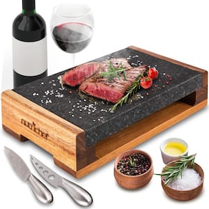 Hot Lava Stone Sizzling Steak Plate: Grilled Meat Food Presentation Serving Platter Set with Stainless Steel Knives