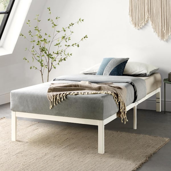 best price mattress Rocky Base E 14 in. White Twin Metal Platform Bed, Patented Wide Steel Slats