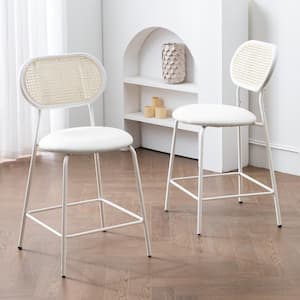 24 in. White Metal Frame Low Back Rattan Counter Height Bar Stools with Faux Leather Seat (set of 2)