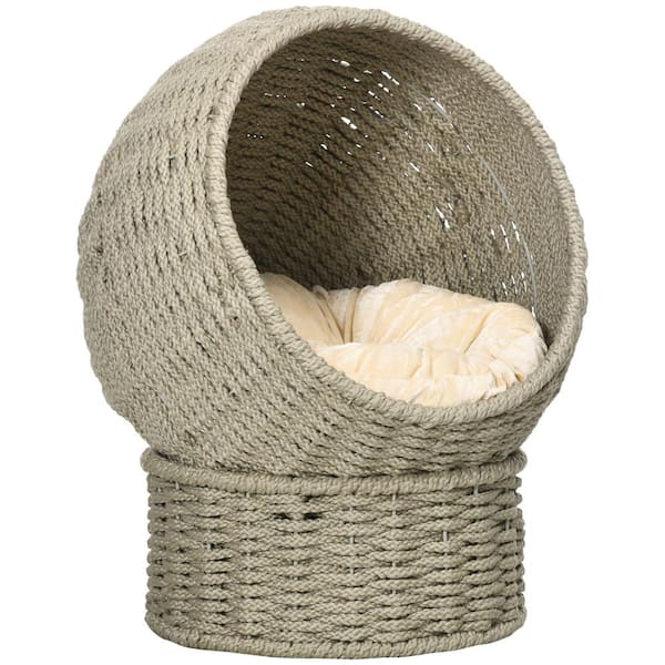 PawHut Elevated Cat Basket Bed with Cushion, Cat Egg Chair Shape, Cute Cat Condo with Stand for Indoor Cats, Herbal Grey