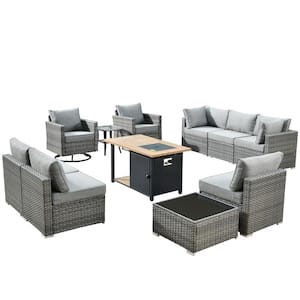 Hippish Gray 11-Piece Wicker Patio Fire Pit Table Conversation Set with Dark Gray Cushions and Swivel Rocking Chairs