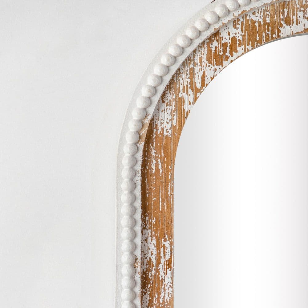 Antique White Arched Wood Vanity Wall Mirror with Beaded Frame