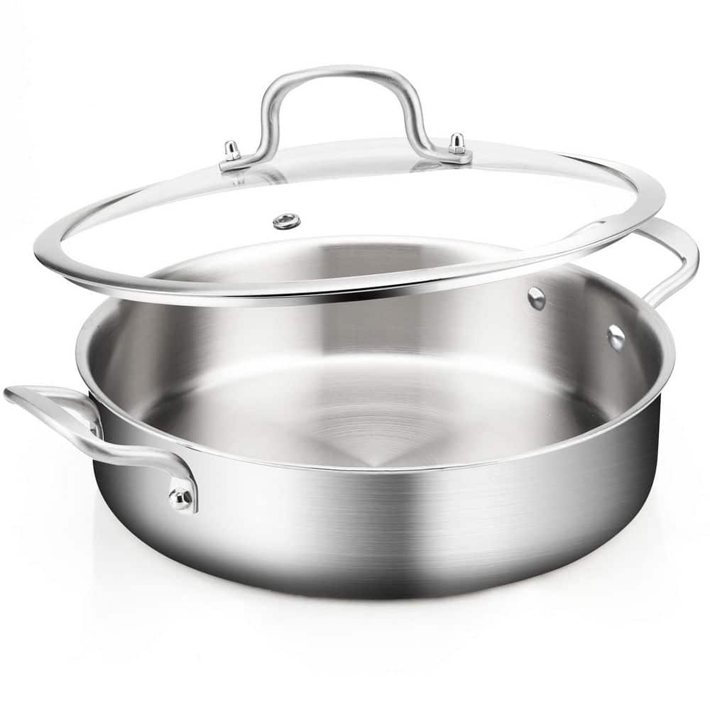 7qt Stainless Steel Saute Pan with Lid, 3-Ply Induction Frying Pan