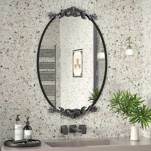 20 in. W x 32 in. H Oval Aluminum Alloy Framed French Cleat Mounted Baroque Wall Decor Bathroom Vanity Mirror in Black