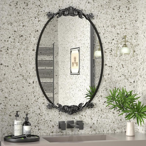 20 in. W x 32 in. H Oval Aluminum Alloy Framed French Cleat Mounted Baroque Wall Decor Bathroom Vanity Mirror in Black