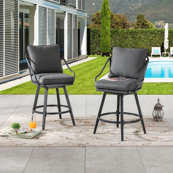Swivel Metal Outdoor Bar Stool with Dark Grey Cushion 2 of Chairs Included