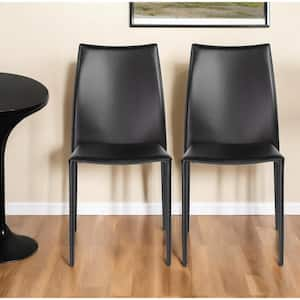 Premium All Black Leather Match Stacking Side Chair (Set Of 2)