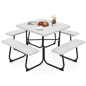 67 in. White Square Steel Outdoor Picnic Table Bench Set 8-person with 4 Benches and Umbrella Hole 500 lbs. Capacity
