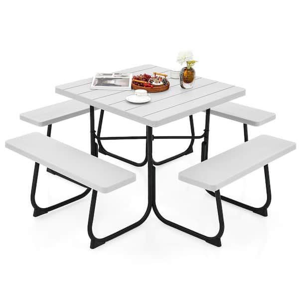 HONEY JOY 67 in. White Square Steel Outdoor Picnic Table Bench Set 8-person with 4 Benches and Umbrella Hole 500 lbs. Capacity