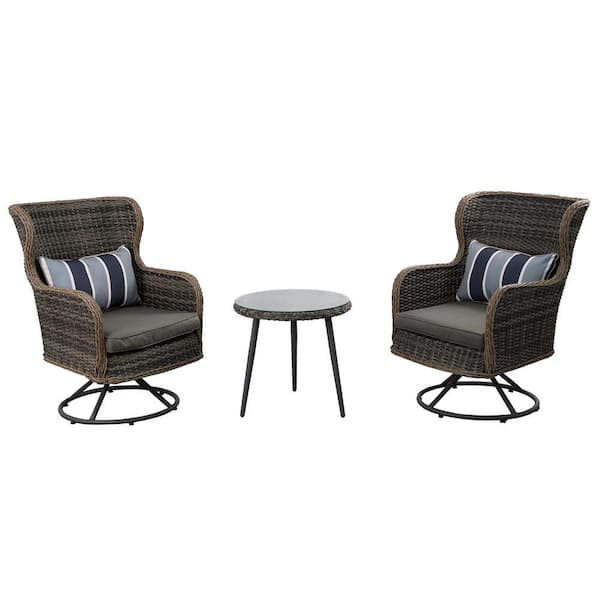 3-Piece Bistro Set, Wicker Swivel 360 Swivel Outdoor Bistro Set with Glass Coffee Table and Gray Cushion and Pillow