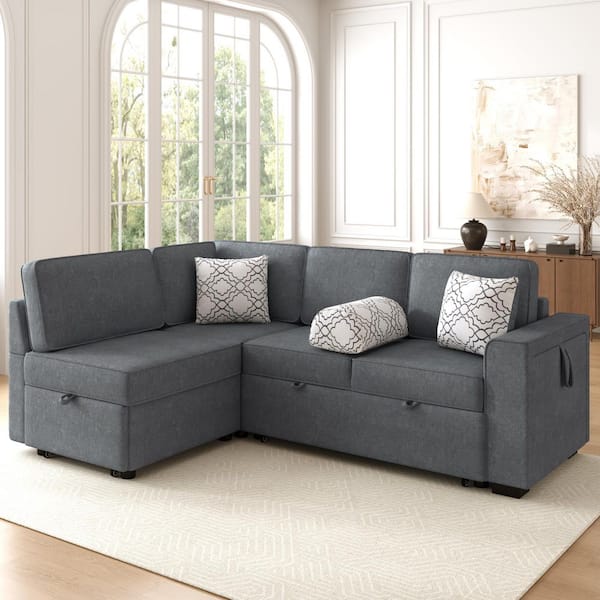 Dark Gray 83.9 in. Convertible Chenille L-Shaped Queen Size Sectional Sofa Bed with Flip-Top Table, USB, Cup Holder