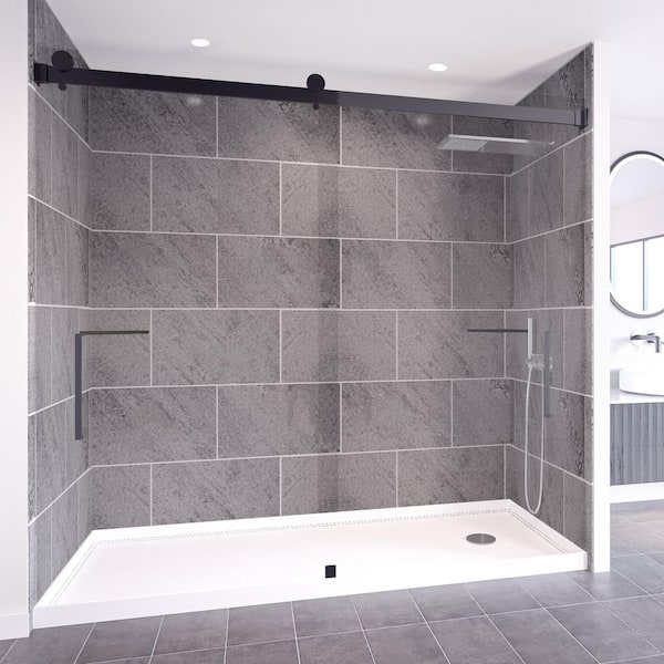 Slate Grey-Tetherow 60 in. x 32 in. x 99 in. Floor/Ceiling Base/Wall/Door Alcove Shower Stall/Kit Matte Black Right