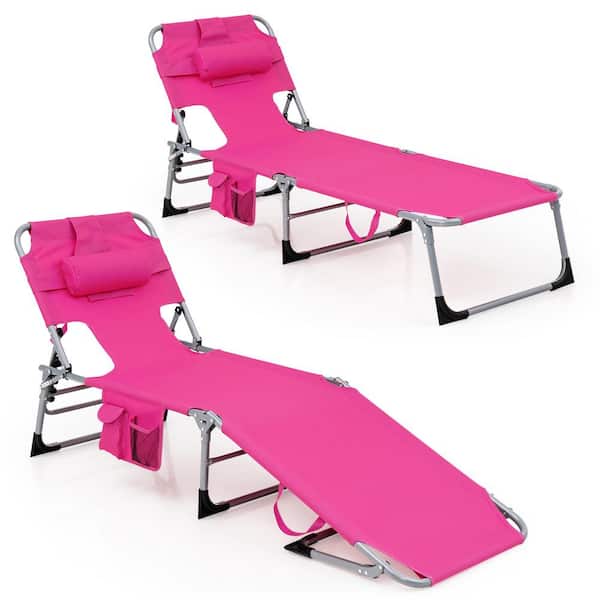 Gymax Set of 2-Beach Chaise Lounge Chair Folding Reclining Chair with Facing Hole Pink