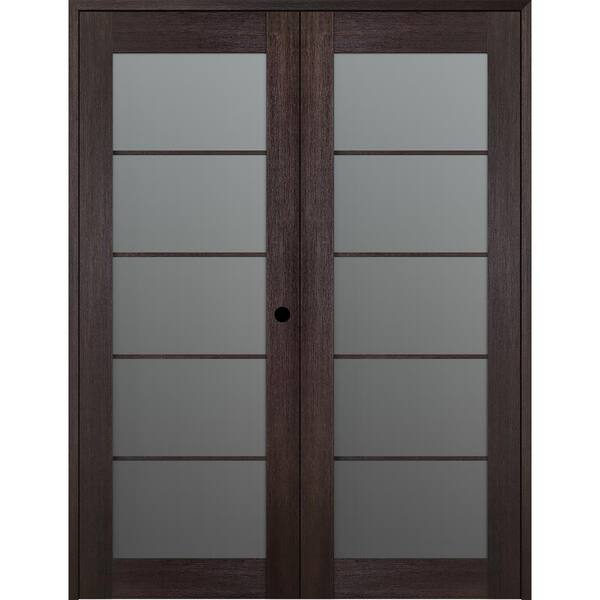 Belldinni Vona 5 Lite 36 in.x 84 in. Left Hand Active Frosted Glass Veralinga Oak Wood Composite Double Prehung French Door