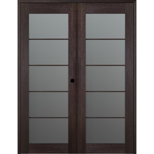Belldinni Vona 5 Lite 56 in.x 96 in. Left Hand Active Frosted Glass Veralinga Oak Wood Composite Double Prehung French Door