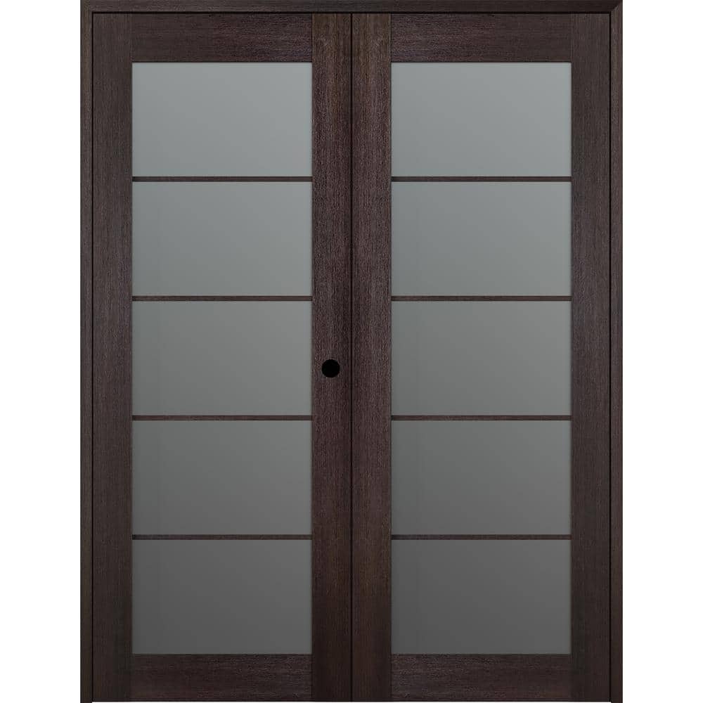 Avon 5-Lite Frosted Glass Veralinga Oak Composite Double Prehung French Door