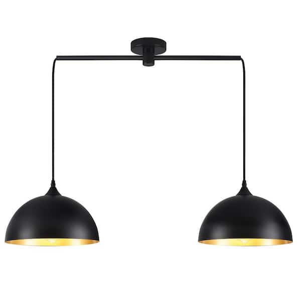 2-Light 34.64 in. Black Modern Dome Pendant Light with Metal Shade, No Bulbs Included
