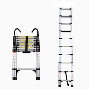 9.5 ft aluminum button telescopic ladder with 2 triangular stabilizers and hooks 330lb suitable for industrial and ho