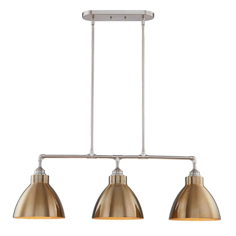 Narbonne 10 in. 3-Light Island in Satin Nickel with Painted Gold Metal Shad