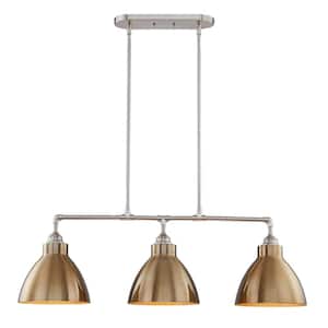 Narbonne 10 in. 3-Light Island in Satin Nickel with Painted Gold Metal Shades Pendant Light