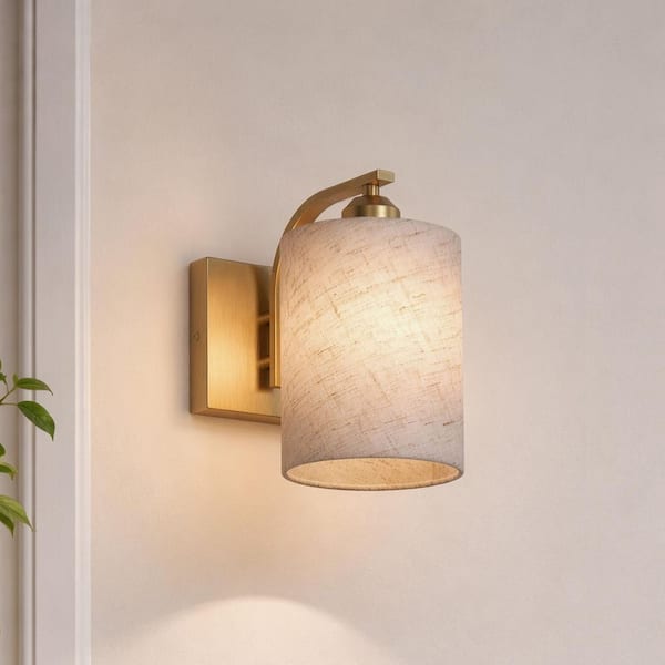 5.5 in. 1-Light 2-Pack Gold Wall Sconces with Fabric Shade, Dimmable LED Wall Lighting for Bedroom Living Room Hallway