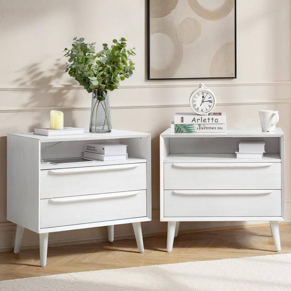 Leslie Mid-Century Modern Walnut 2-Drawer Nightstand with Built-In Outlets (Set of 2) - thumbnail 2