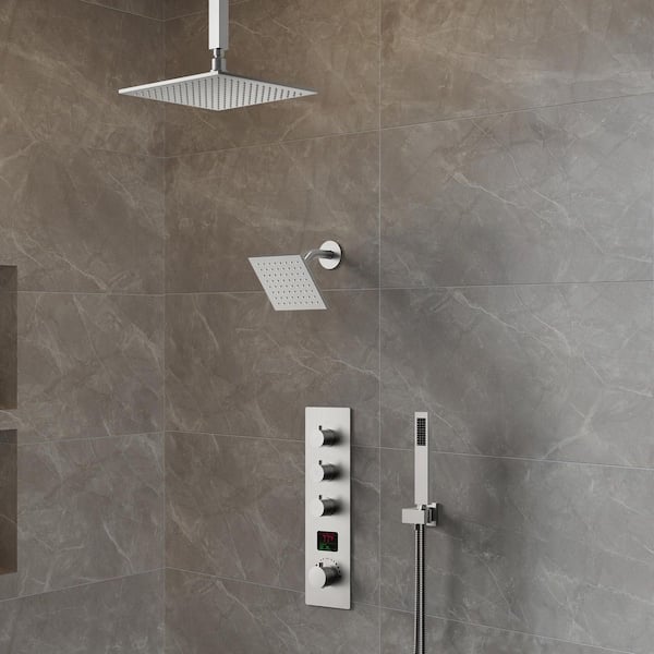 EVERSTEIN 12 in. 7-Spray Square 3-Color LED Shower System with Digital Display in Brushed Nickel Thermostatic Valve Included