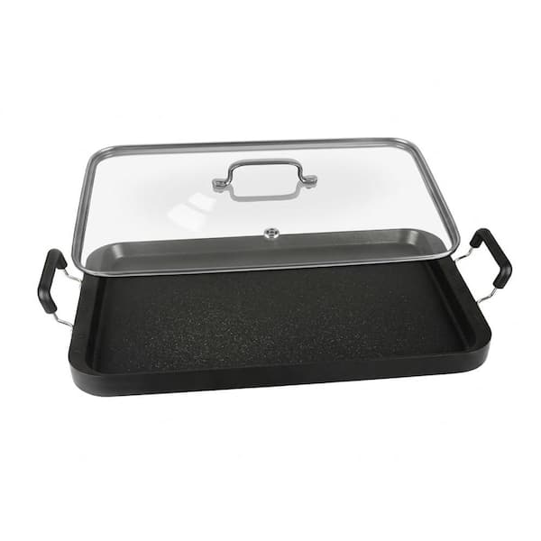 Black Aluminum Nonstick Warp-Resistant Double-Burner Griddle/Skillet Pan with Glass Lid for Gas and Electric Stovetops