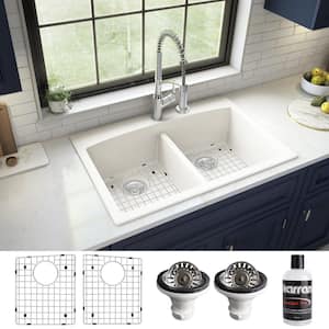 QT-710 Quartz/Granite 33 in. Double Bowl 50/50 Top Mount Drop-In Kitchen Sink in White with Bottom Grid and Strainer