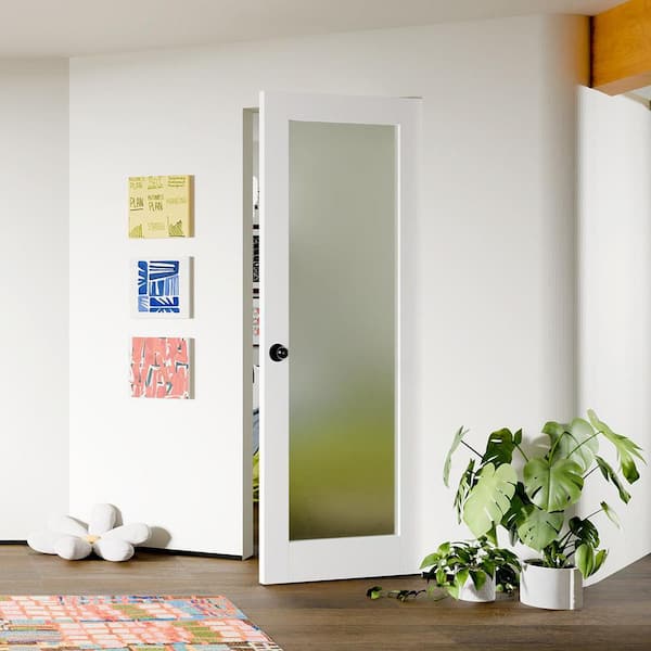 28 in. x 80 in. Full Lite, Frosted Glass, White Primed Composite Prehung Interior Door Right-Handed w/ Jamb and Hardware