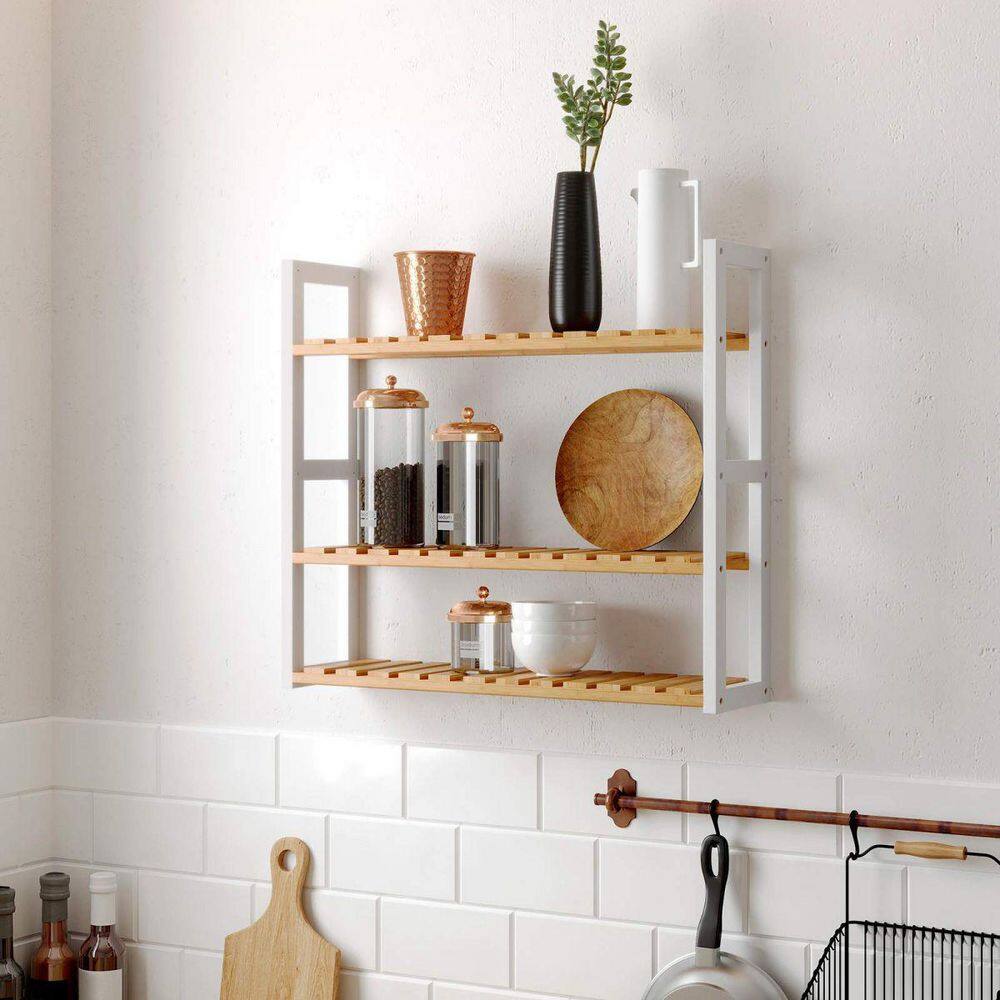 Natural Bamboo and White Adjustable 3-Tier Utility Shelf