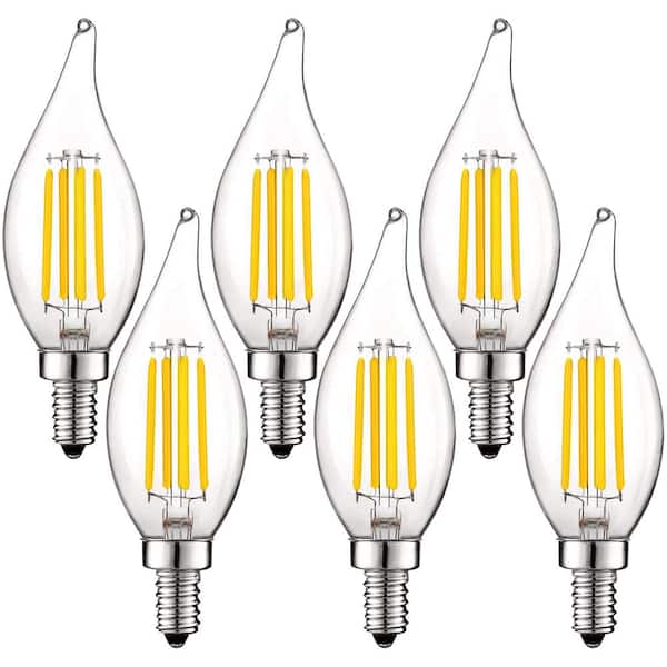 LUXRITE 60-Watt Equivalent CA11 Dimmable LED Light Bulbs Flame Tip Clear Glass Filament 3000K Soft White (6-Pack)