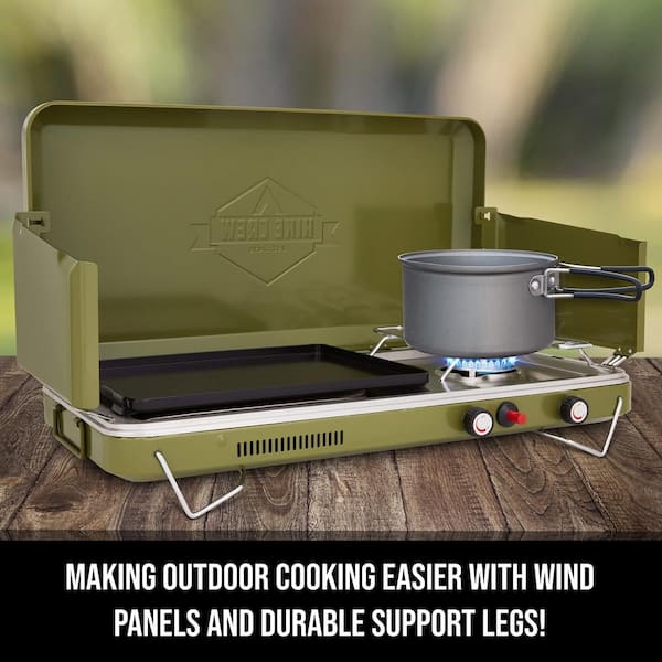 Hike Crew Auto Ignition Double-Burner Outdoor Gas Stove | 150,000 BTU  Portable Propane-Powered Cooktop with Blue Flame Control, Removable Legs