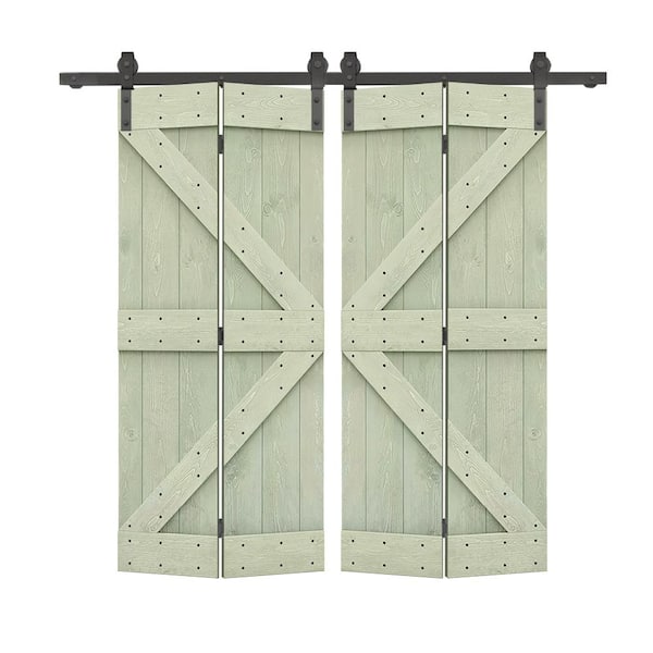 CALHOME 40 in. x 84 in. K Series Solid Core Sage Green Stained DIY Wood Double Bi-Fold Barn Doors with Sliding Hardware Kit