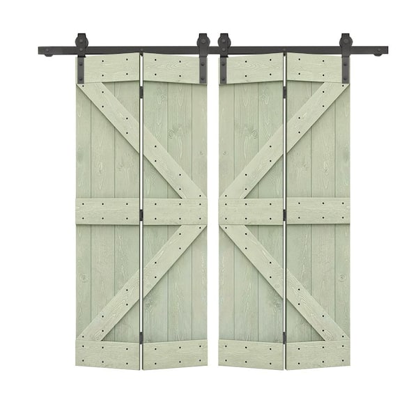 CALHOME 56 in. x 84 in. K-Series Solid Core Sage Green-Stained DIY Wood Double Bi-Fold Barn Doors with Sliding Hardware Kit