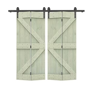 60 in. x 84 in. K Series Solid Core Sage Green Stained DIY Wood Double Bi-Fold Barn Doors with Sliding Hardware Kit