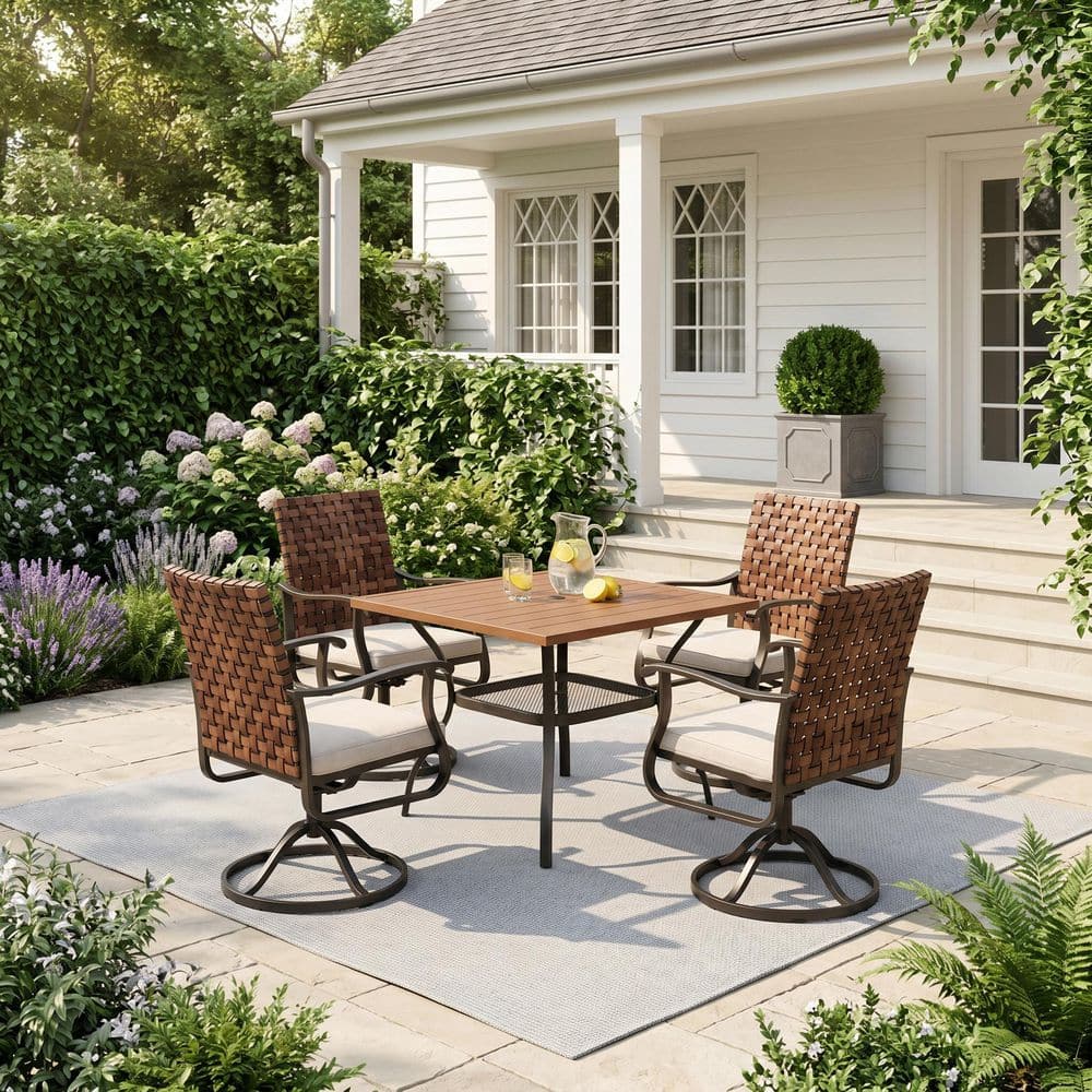5-Piece Metal Outdoor Dining Set with 37.8 in. Walnut Square Table and 4 Brown Wicker Swivel Chairs with Beige Cushions price history on PriceWatchPro