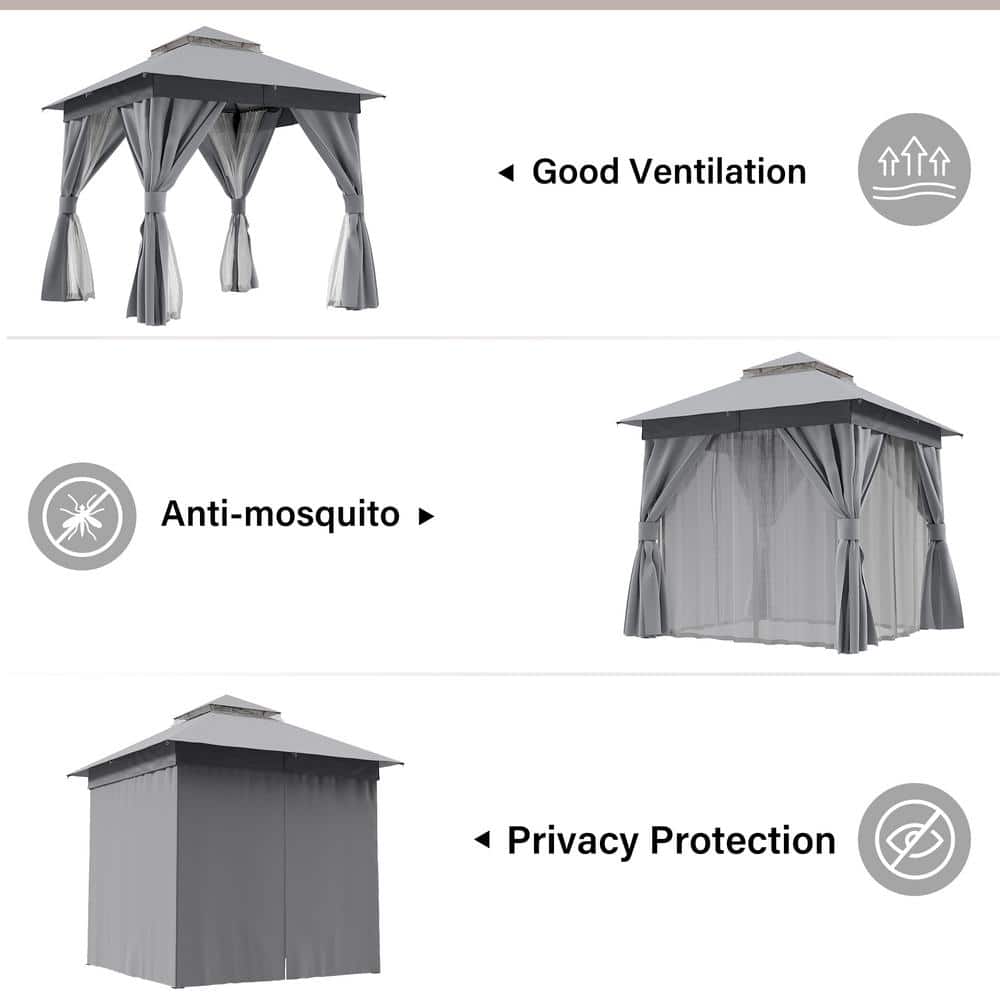 Gray Steel 8x8 Patio Gazebo with Curtains