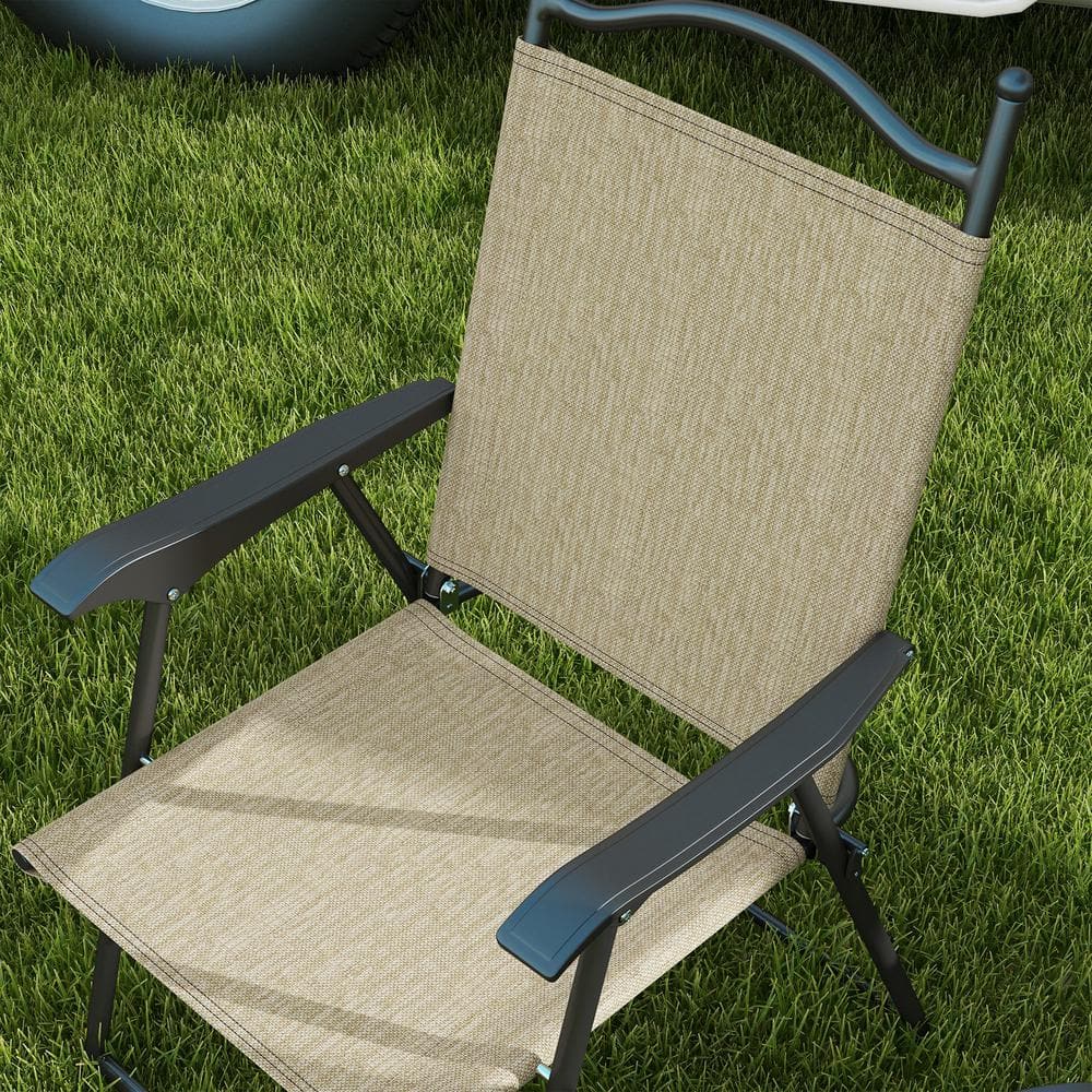 Beige Folding Camping Chairs with Armrests, Set of 4