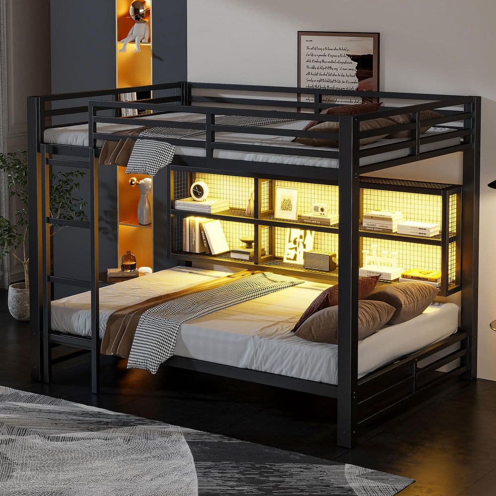 Black Queen over Queen Metal Bunk Bed with Storage Shelves, LED Lights price history on PriceWatchPro